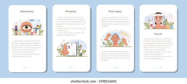 Plastic surgeon mobile application banner set. Idea of modern face aesthetic medicine. Lifting and anti-aging beauty procedure. Rhinoplasty and blepharoplasty. Vector illustration in cartoon style