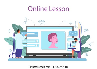 Plastic surgeon online service or platform. Idea of body and face correction. Rhinoplastyin hospital and anti-aging procedure. Online lesson. Vector illustration in cartoon style