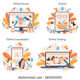 Plastic surgeon online service or platform set. Idea of body correction. Implant and liposuction hospital and anti-aging procedure. Online consultation, forum, tutorial, training. Vector illustration