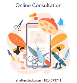 Plastic surgeon online service or platform. Idea of body and face correction. Rhinoplastyin hospital and lip fillers. Online consultation. Vector illustration