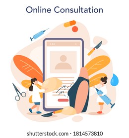 Plastic surgeon online service or platform. Idea of body correction. Implant and liposuction hospital and anti-aging procedure. Online consultation. Vector illustration