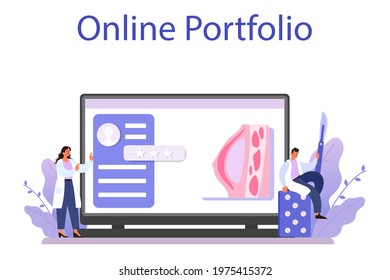 Plastic surgeon online service or platform. Body and face correction. Rhinoplasty and anti-aging procedure. Online portfolio. Vector flat illustration