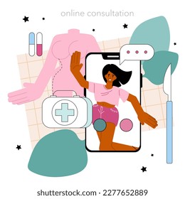 Servicio o plataforma online de cirujanos plásticos. Corrección estética del cuerpo. Procedimiento de implantación y liposucción. Médico que realiza inyecciones o incisión. Consulta en línea. Ilustración vectorial plana