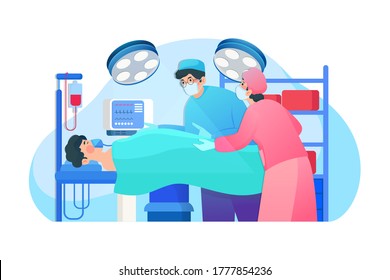 Plastic surgeon operating patient with assistant help in surgery dark room with medical stuff. svg