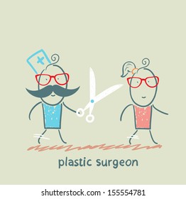 plastic surgeon with scissors running for the patient