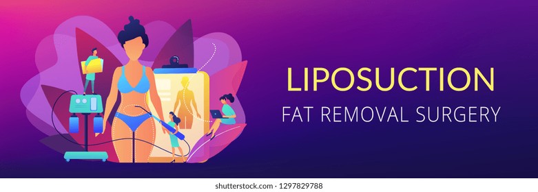 Plastic surgeon with a suction tube doing liposuction of woman marked body parts. Liposuction, lipo procedure, fat removal surgery concept. Header or footer banner template with copy space.