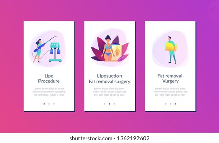 Plastic surgeon with a suction tube doing liposuction of woman marked body parts. Liposuction, lipo procedure, fat removal surgery concept. Mobile UI UX GUI template, app interface wireframe