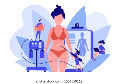 Plastic surgeon with a suction tube doing liposuction of woman marked body parts. Liposuction, lipo procedure, fat removal surgery concept. Pinkish coral bluevector isolated illustration