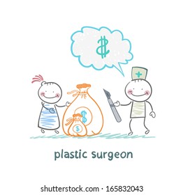 plastic surgeon thinks about money and takes a bag of money in the patient