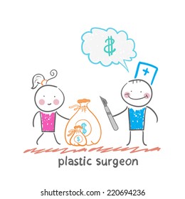 plastic surgeon thinks about money and takes a bag of money in the patient