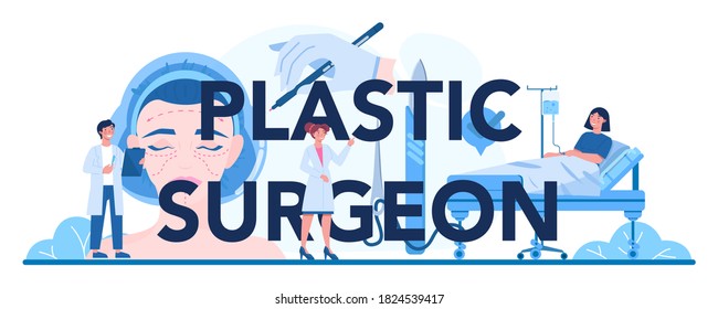 Plastic surgeon typographic header. Idea of body and face correction. Mammaplasty, buttock lipofilling and gluteoplasty procedure. Vector illustration in cartoon style