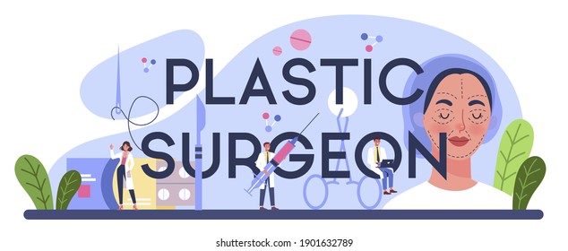 Plastic surgeon typographic header. Idea of body and face correction. Facelifting and anti-aging procedure. Vector illustration in cartoon style