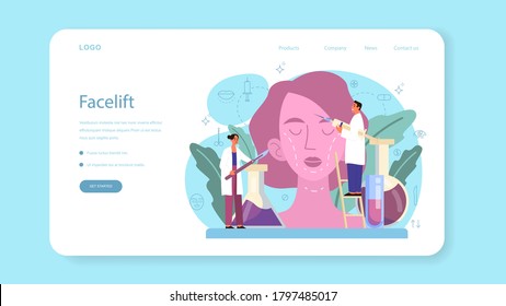 Plastic surgeon web banner or landing page. Idea of body and face correction. Rhinoplastyin hospital and anti-aging procedure. Vector illustration in cartoon style
