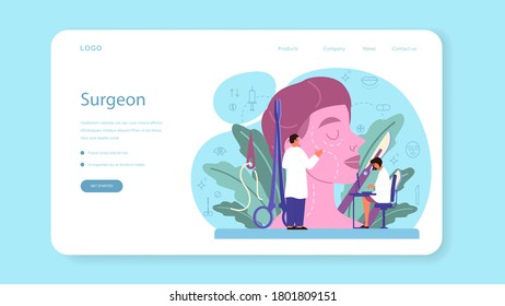 Banner de cirujano plástico o página de inicio. Idea de corrección corporal y facial. Hospital de rinoplastina y procedimiento antienvejecimiento. Ilustración vectorial en estilo de caricatura