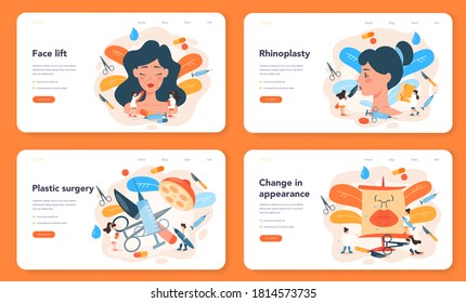 Plastic surgeon web banner or landing page set. Idea of body and face correction. Rhinoplastyin hospital and lip fillers. Vector illustration in cartoon style