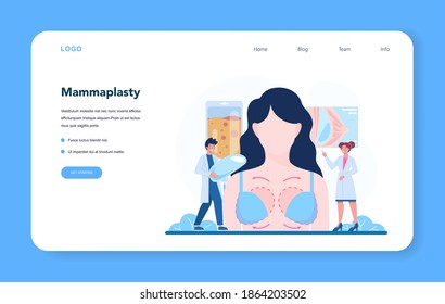 Plastic Surgeon Web Banner Or Landing Page. Idea Of Body And Face Correction. Mammaplasty Procedure. Vector Illustration In Cartoon Style