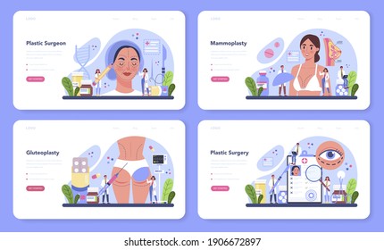 Plastic Surgeon Web Banner Or Landing Page Set. Idea Of Body And Face Correction. Mammaplasty And Gluteoplasty Procedure. Vector Illustration In Cartoon Style