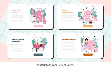Plastic surgeon web banner or landing page set. Aesthetic body correction. Implant and liposuction procedure. Doctor making injections or incision inserting implant. Flat vector illustration