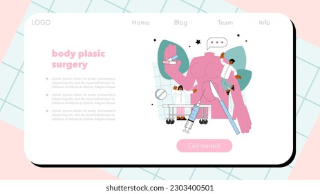 Plastic surgeon web banner or landing page. Aesthetic body correction. Implant and liposuction procedure. Doctor making injections or incision inserting implant. Flat vector illustration