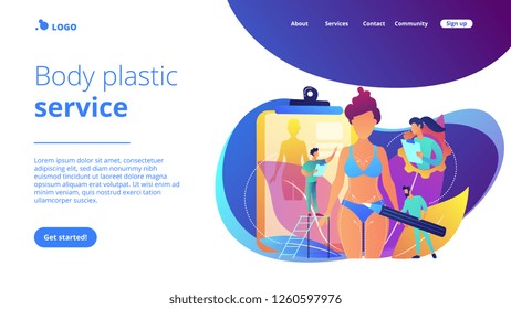 Plastic surgeons doing pencil marks and preparing body contouring of woman. Body contouring, body correction surgery, body plastic service concept. Website vibrant violet landing web page template.