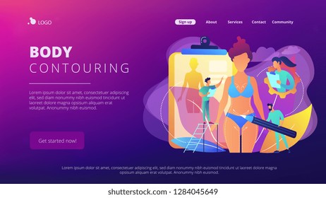 Plastic surgeons doing pencil marks and preparing body contouring of woman. Body contouring, body correction surgery, body plastic service concept. Website vibrant violet landing web page template.