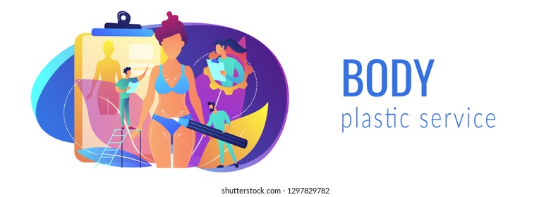 Plastic surgeons doing pencil marks and preparing body contouring of woman. Body contouring, body correction surgery, body plastic service concept. Header or footer banner template with copy space.