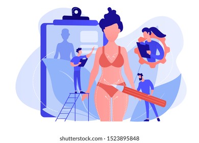 Plastic surgeons doing pencil marks and preparing body contouring of woman. Body contouring, body correction surgery, body plastic service concept. Pinkish coral bluevector isolated illustration