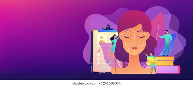 Plastic surgeons working on facelift surgery for woman face with wrinkles. Face lifting, rhytidectomy procedure, facelift surgery concept. Header or footer banner template with copy space.