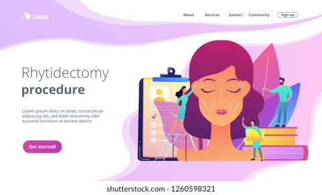 Plastic surgeons working on facelift surgery for woman face with wrinkles. Face lifting, rhytidectomy procedure, facelift surgery concept. Website vibrant violet landing web page template.