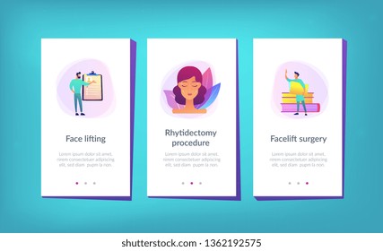 Plastic surgeons working on facelift surgery for woman face with wrinkles. Face lifting, rhytidectomy procedure, facelift surgery concept. Mobile UI UX GUI template, app interface wireframe