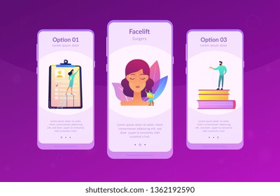 Cirurgiões plásticos que trabalham na cirurgia de facelift para o rosto da mulher com rugas. Levantamento facial, procedimento de ritidectomia, conceito de cirurgia de elevação facial. Modelo de interface de usuário móvel UX, wireframe da interface de aplicativo