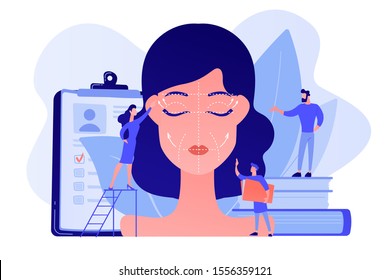 Plastic surgeons working on facelift surgery for woman face with wrinkles. Face lifting, rhytidectomy procedure, facelift surgery concept. Pinkish coral bluevector isolated illustration