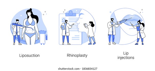 Plastic surgery abstract concept vector illustration set. Liposuction and rhinoplasty, lip injection, body contouring, beauty standard, weight loss, filler cosmetic, hyaluronic acid abstract metaphor.