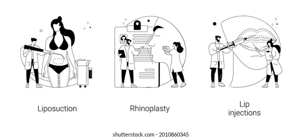 Plastic surgery abstract concept vector illustration set. Liposuction and rhinoplasty, lip injection, body contouring, beauty standard, weight loss, filler cosmetic, hyaluronic acid abstract metaphor.