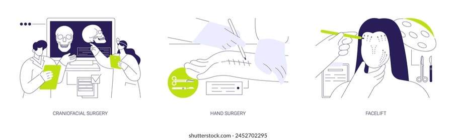 Plastic surgery abstract concept vector illustration set. Craniofacial and hand surgery, marking wrist, facelift operation, face contouring procedure, rejuvenation injections abstract metaphor.