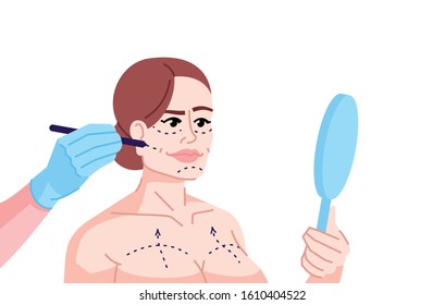 Plastic surgery addiction flat color vector illustration. Fashion victim. Consultation with plastic surgeon. Woman getting ready for skin tightening isolated cartoon character on white background