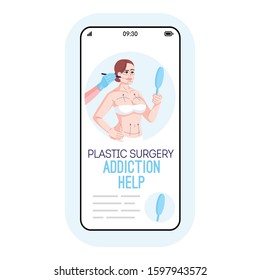 Plastic surgery addiction help cartoon smartphone vector app screen. Mobile phone displays with flat character design mockup. Compulsive habit disorders aid application telephone interface