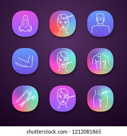 Plastic surgery app icons set. Rhinoplasty, facelift, surgeon, arm lift, cheek surgery, coolsculpting, scalpel, clamp, tummy tuck plastic, blepharoplasty. UI/UX interface. Vector isolated illustration