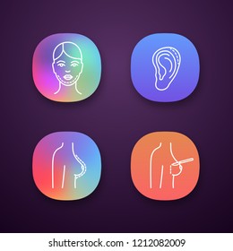 Plastic surgery app icons set. UI/UX user interface. Double chin removal, otoplasty, breast augmentation, mammoplasty. Web or mobile applications. Vector isolated illustrations