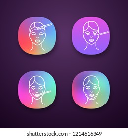 Plastic surgery app icons set. Facelift surgery, blepharoplasty, double chin removal, cheek lift surgery. UI/UX user interface. Web or mobile applications. Vector isolated illustrations