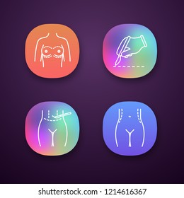Plastic surgery app icons set. Breast augmentation, surgical scalpel incision, tummy tuck plastic, waist correction. UI/UX user interface. Web or mobile applications. Vector isolated illustrations