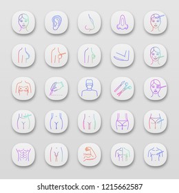 Iconos de aplicación de cirugía plástica establecidos. Cirugía facial. Aspiración quirúrgica facial y corporal. Contorsión y corrección del cuerpo masculino y femenino.Liposucción. Interfaz UI/UX. Aplicaciones. Ilustraciones aisladas de vectores