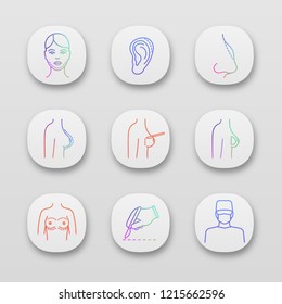 Plastic surgery app icons set. Chin, ear, nose shape correction surgery, breast augmentation, scalpel incision, surgeon. UI/UX user interface. Web or mobile applications. Vector isolated illustrations