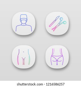 Plastic surgery app icons set. Surgeon, surgical scalpel and clamp, thigh lift, waist correction surgery. UI/UX user interface. Web or mobile applications. Vector isolated illustrations