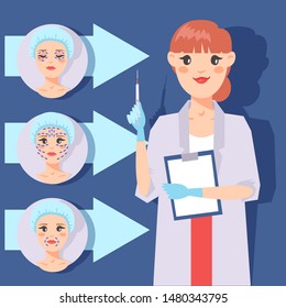 Plastic surgery banner vector illustration. Doctor consultation. Face correction. Liposuction of cheeks, eyes and lips, face cosmetology. Beauty health procedure. Parts of body surgery.