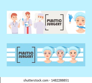 Plastic surgery banner vector illustration. Face correction. Doctors stuff with equipment. Liposuction of cheeks, eyes and lips, face cosmetology. Beauty health procedure. Body surgery.