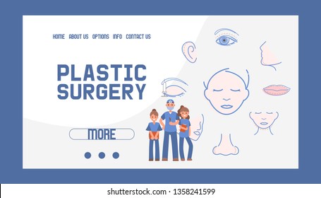 Plastic surgery banner web design vector illustration. Face and body correction. Doctor consultation. Breast augmentation, liposuction, face and body cosmetology. beauty health procedure.