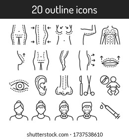 Plastic surgery body and face black line icons set. Anti aging injection, therapy. Isolated vector element. Outline pictograms for web page, mobile app, promo.