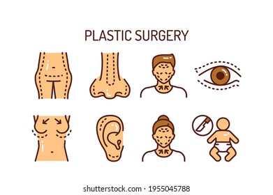 Plastic surgery body and face color line icons set. Anti aging injection, therapy. Isolated vector element. Outline pictograms for web page, mobile app, promo.