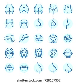 Plastic surgery body parts face correction infographic icons anaplasty medicine skin beauty health procedure vector illustration
